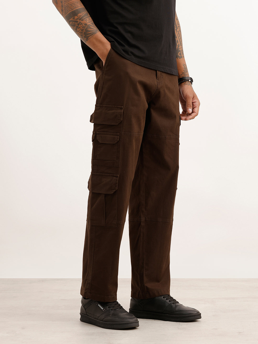 Solid Loose Fit Cargo Trouser | Brown