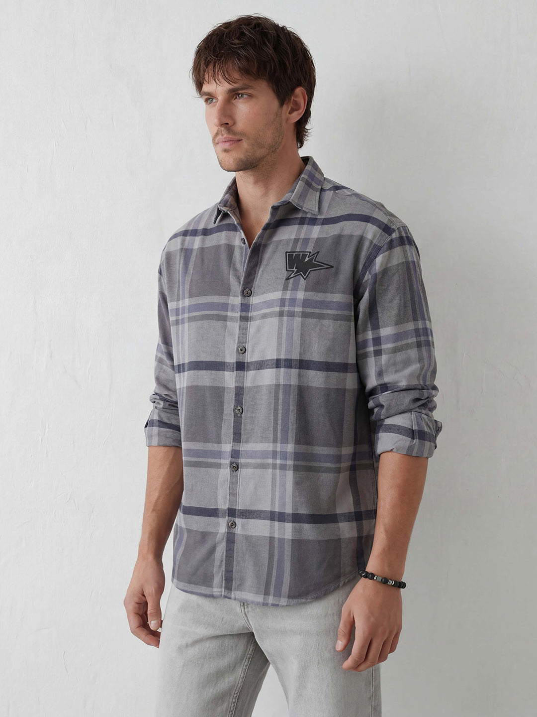 Oversized Placement Printed Checkered Shirt | Grey