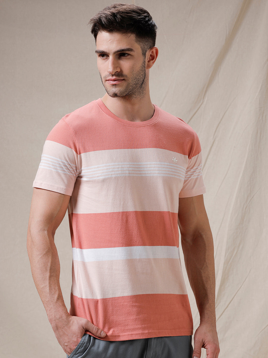 Slim Fit Stripes Coral T-Shirt