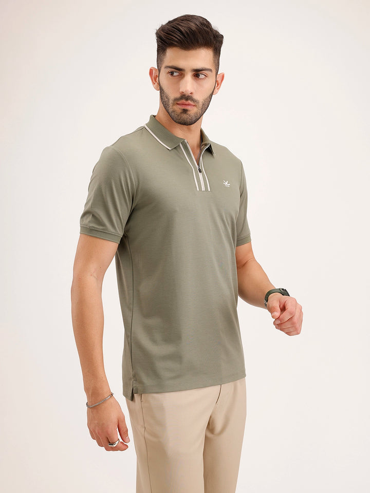 Slim Fit Contrast Collar T-Shirt | Olive