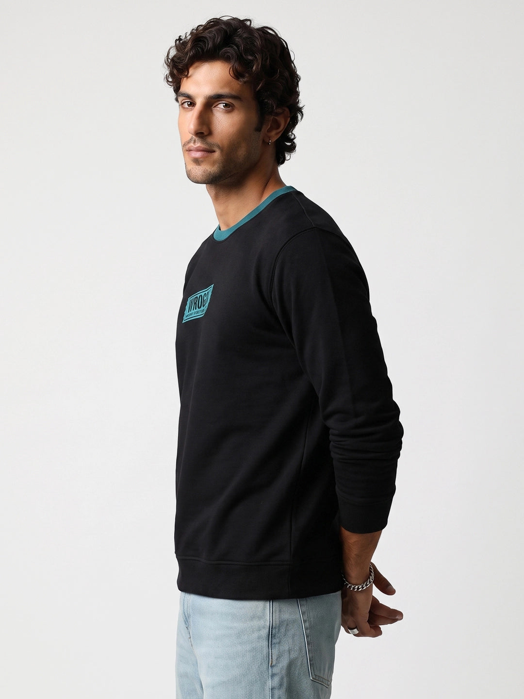 Contrast Collar Full Sleeve T-Shirt | Black