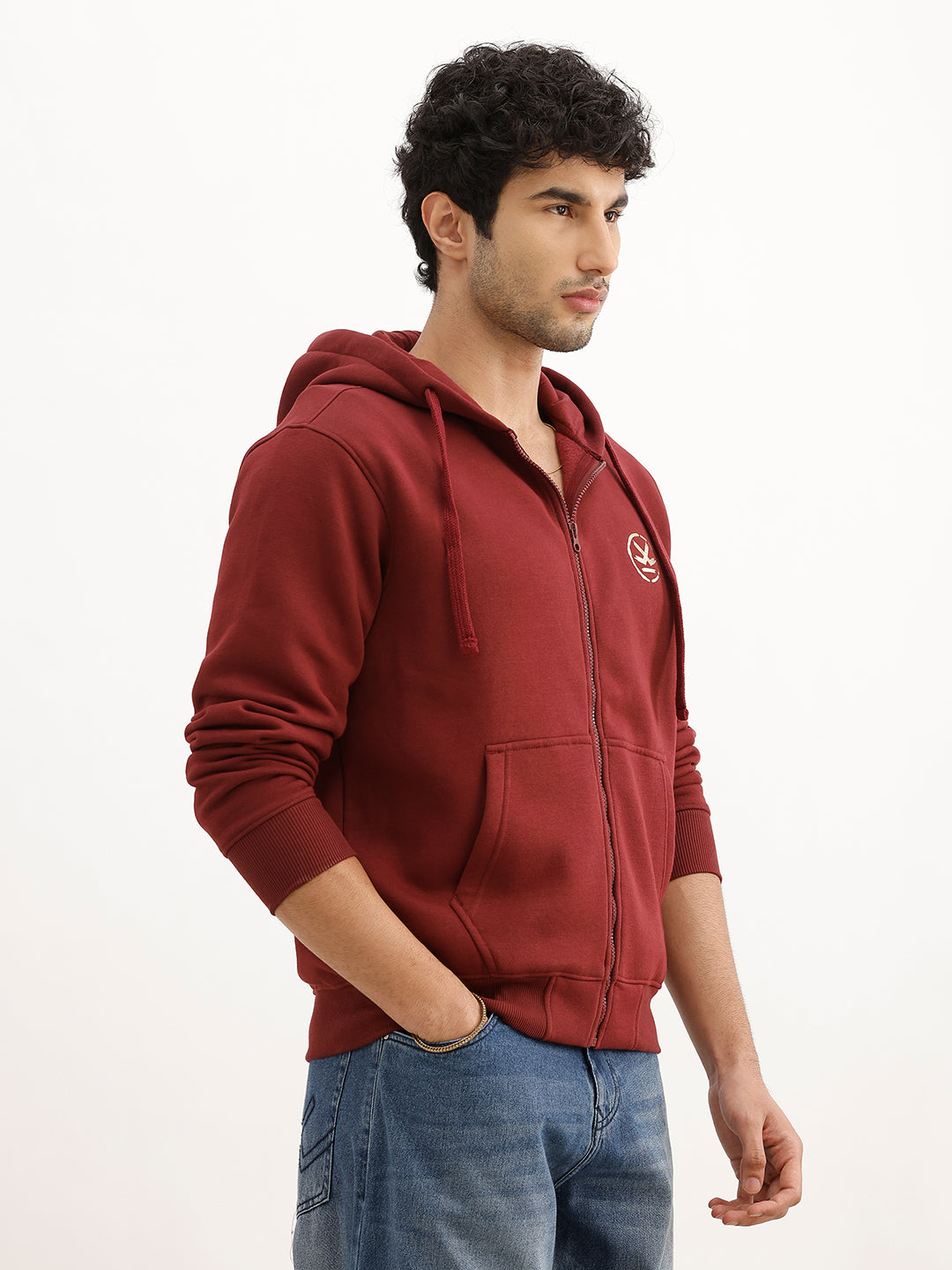 Classic Foil Printed Zipper Hooded Sweatshirt | Maroon