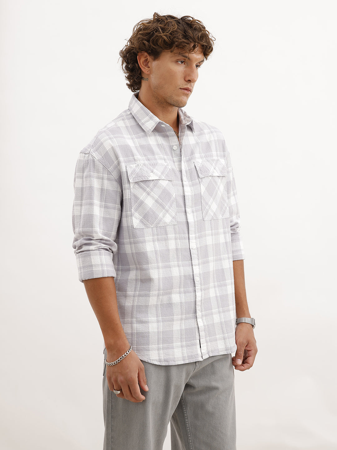 Oversized Double Pocket Checkered Shirt | Grey