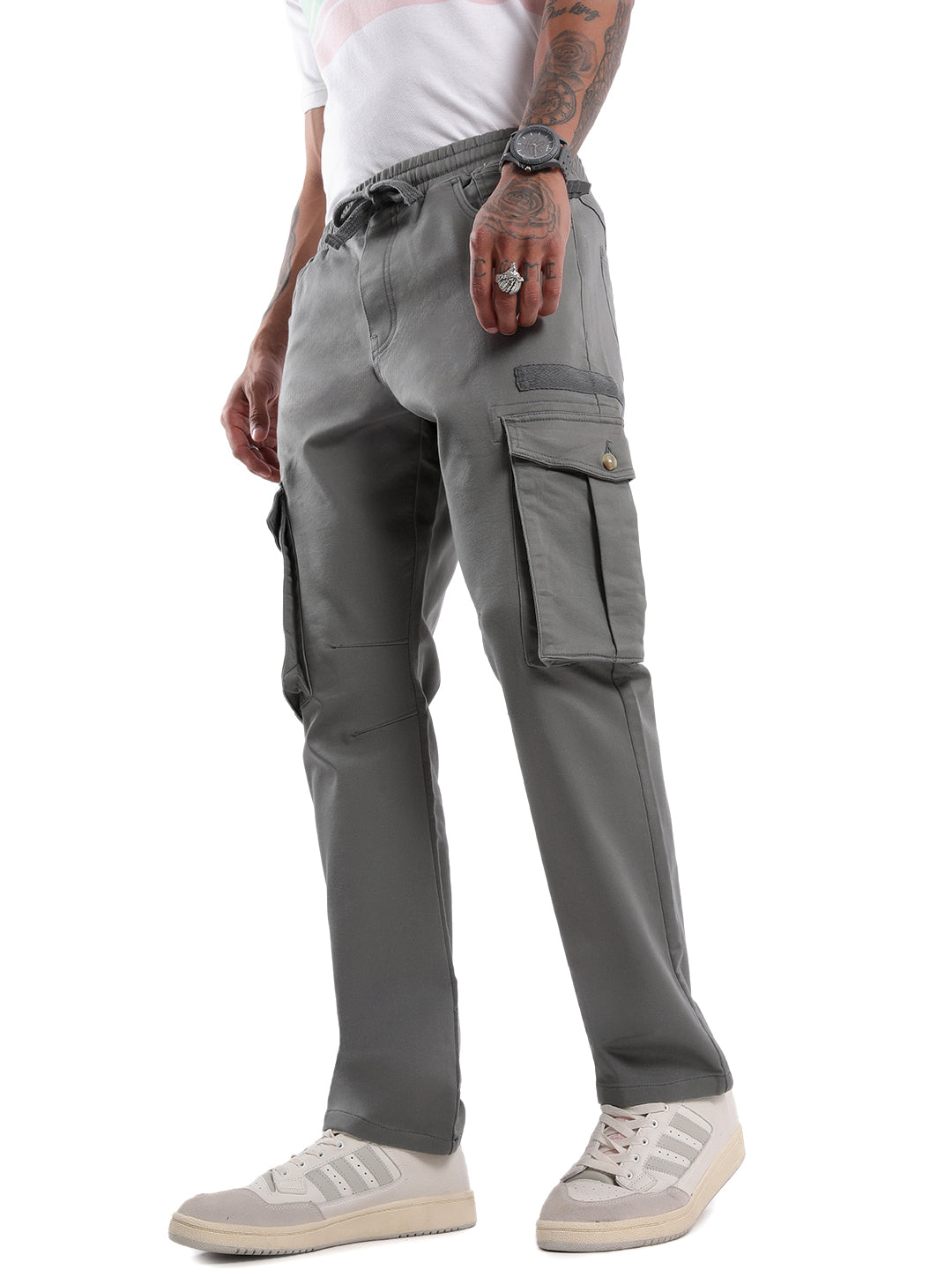 Grey Straight Fit Cargo Trousers