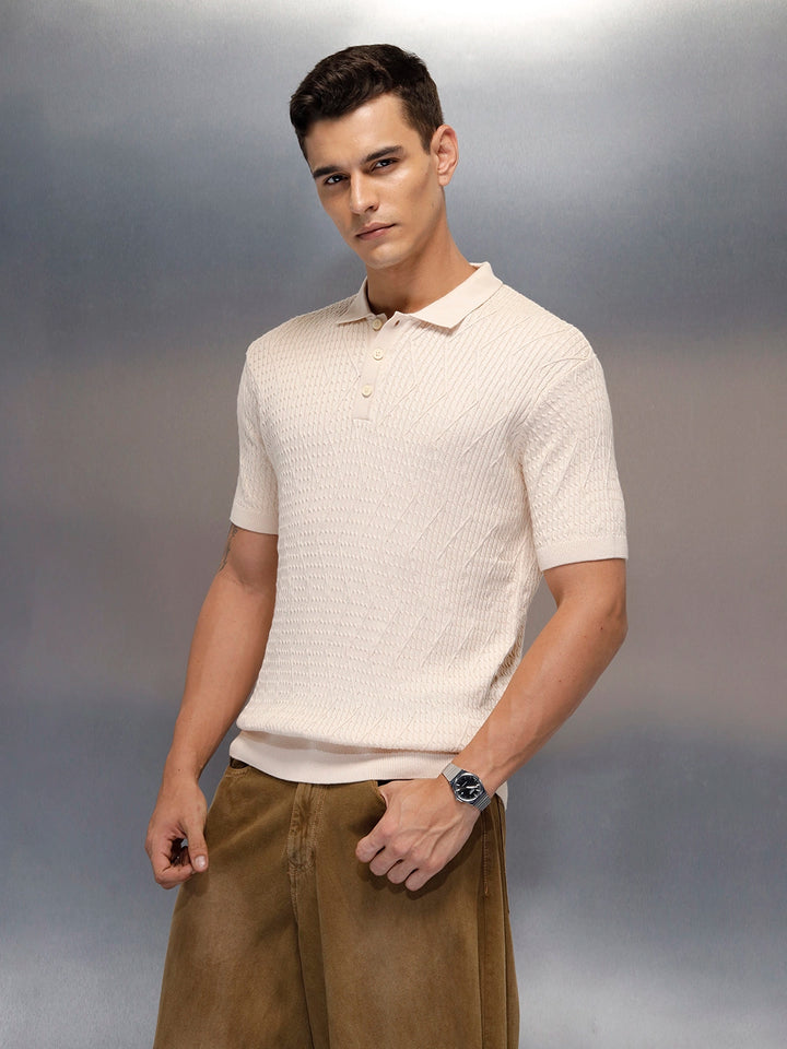 Textured Knit slim fit Polo T-shirt | Beige