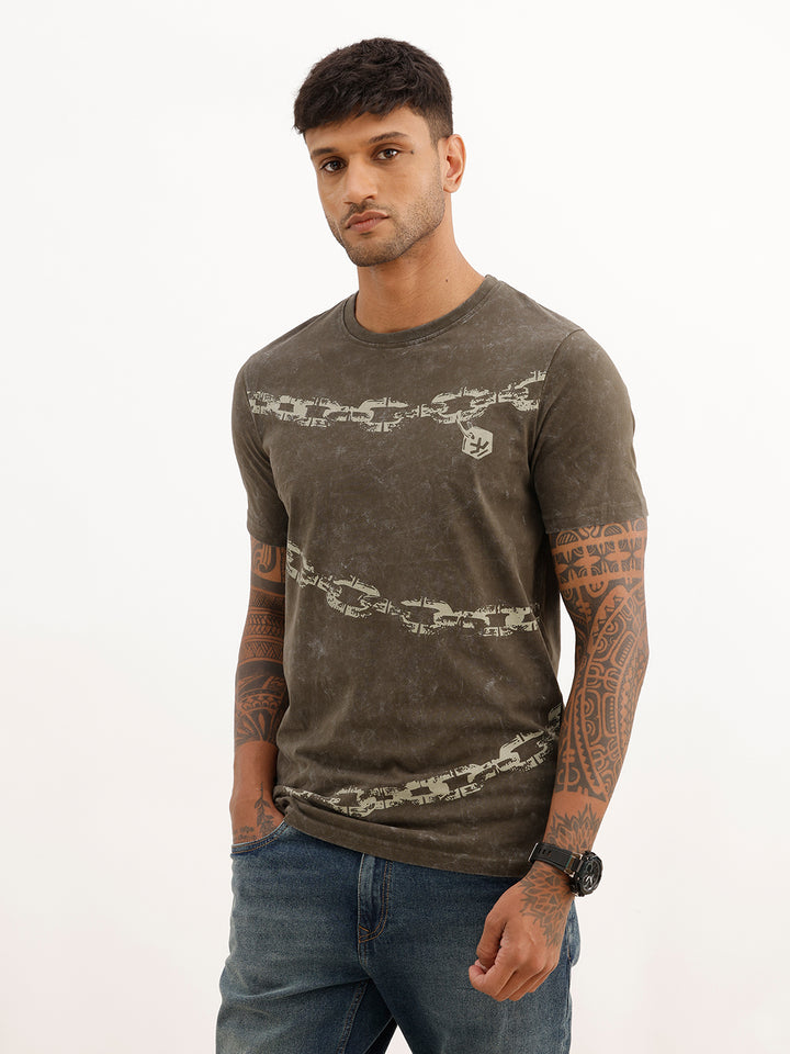 Washed Slim Fit Placement Printed T-Shirt | Olive