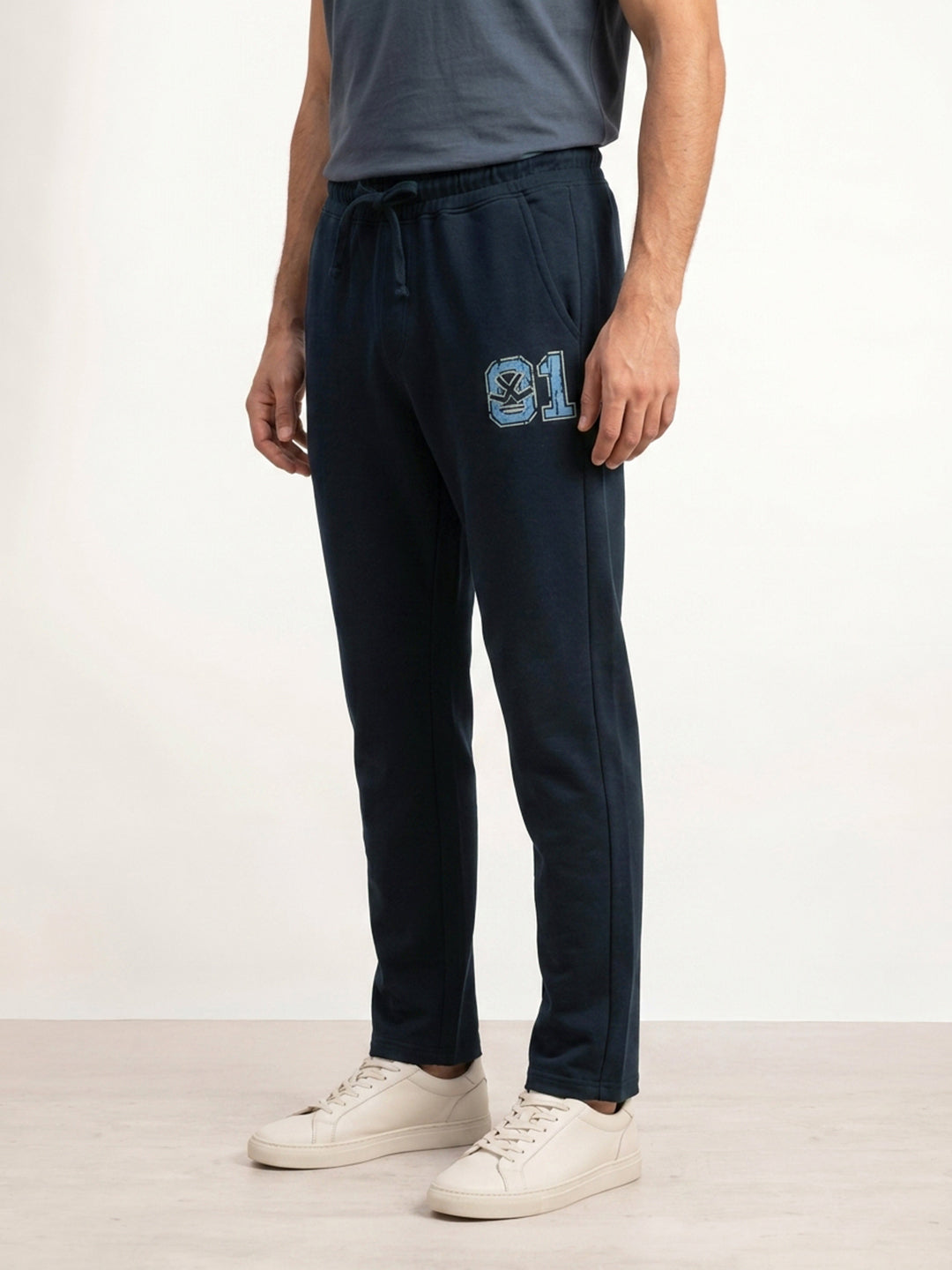 Solid Regular Fit Printed Jogger | Navy Blue