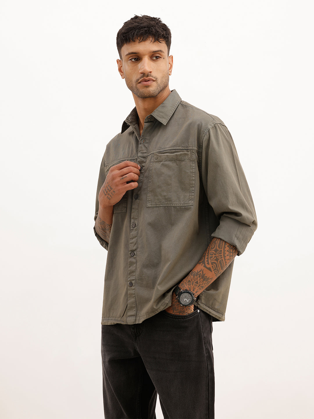 Solid Double Pocket Full Sleeve Shirt | Dark Grey | WSH01FSCM7036W