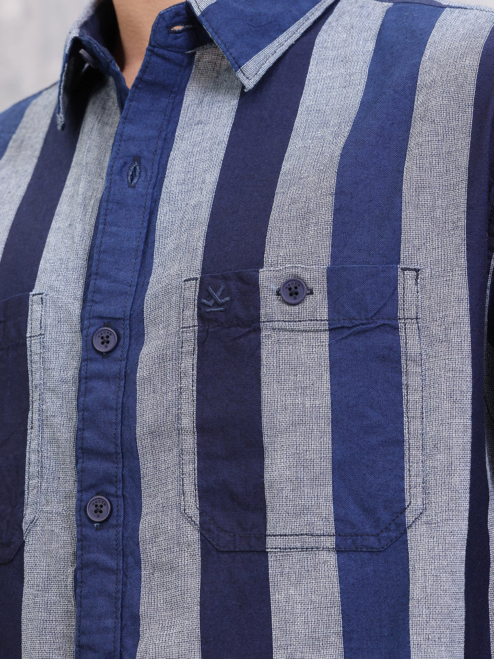 Textured Striped Cotton Shirt | Blue