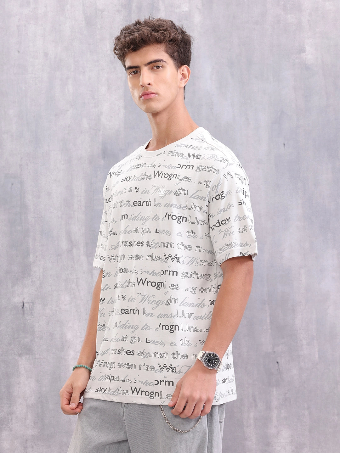 Typo Inspired Aop Oversized Fit T-shirt | Light Grey