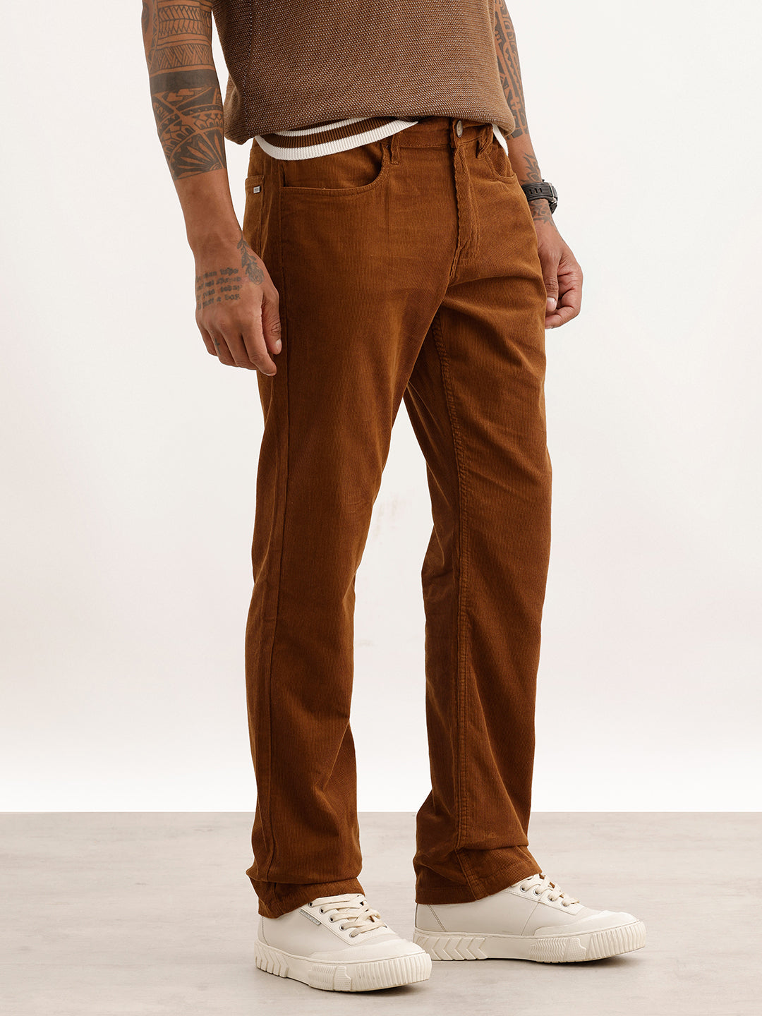 Solid Straight Fit Corduroy Trousers | Brown
