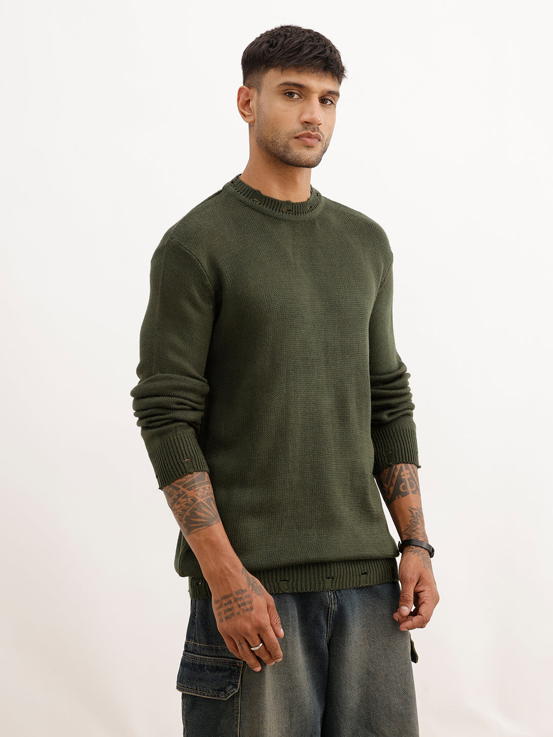 Solid Regular Fit Knitted Sweater | Olive