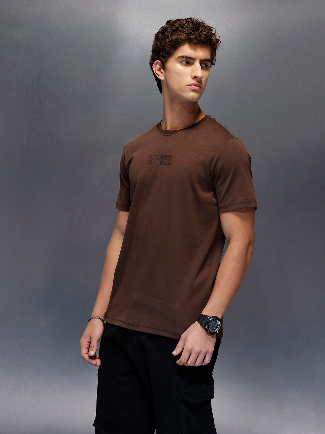 Men's Casual Slim Fit Wrogn Branded Tee  |  Brown