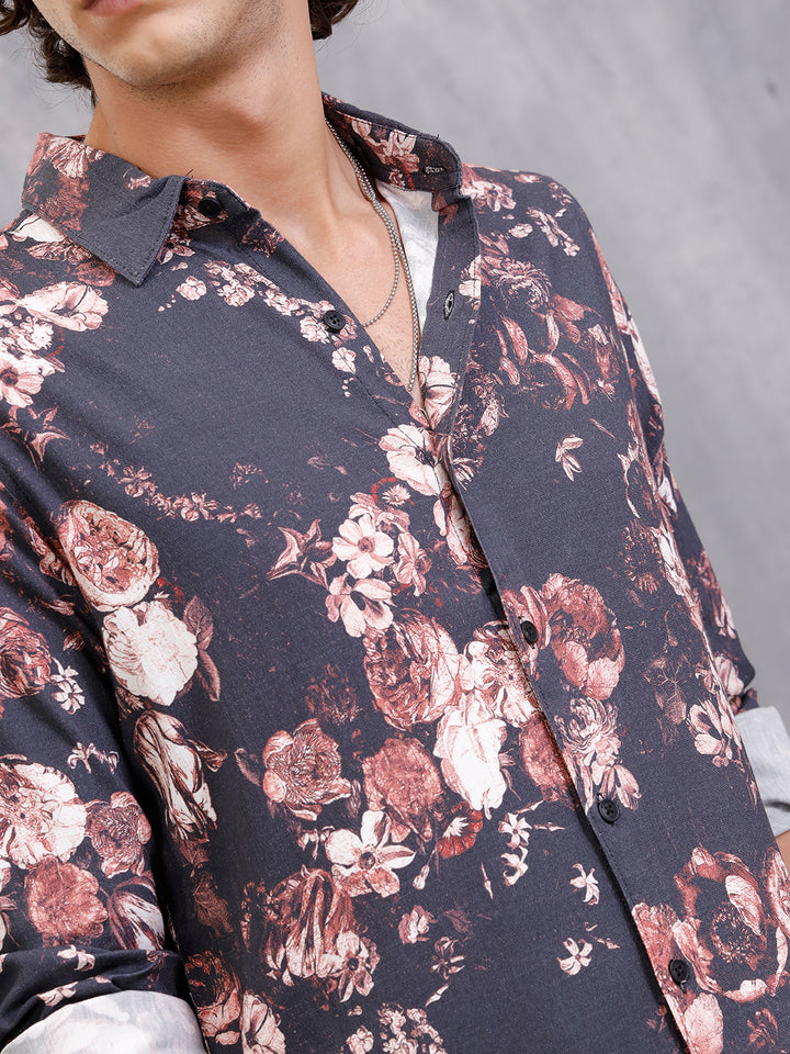 Fluid Dark Floral Printed Shirt In Slim Fit | Black