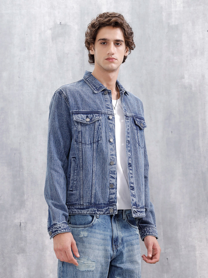 Slim Fit Wrogn Appliqued Denim Jacket  | Med Stone