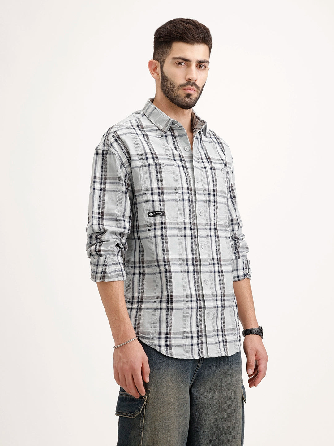 Textured Oversized Fit Double Pocket Shirt | Grey