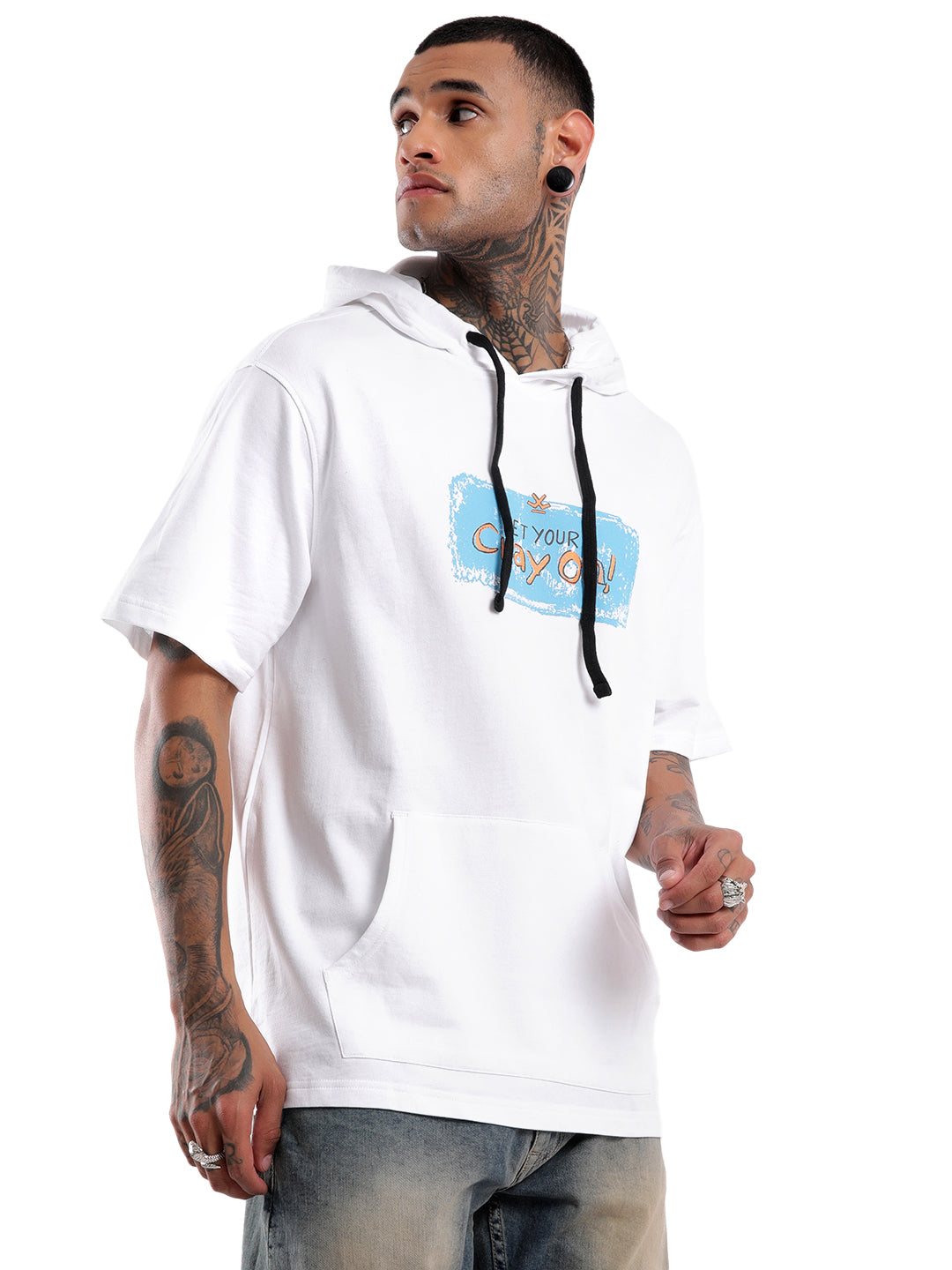 Half Sleeve Placement Print Boxy Hoodie