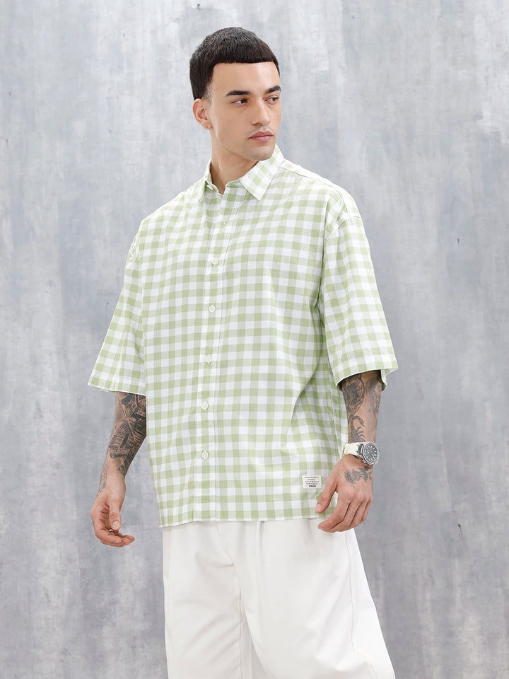 Wrogn Men's Oversized Plus Tonal Checked Shirt | Green