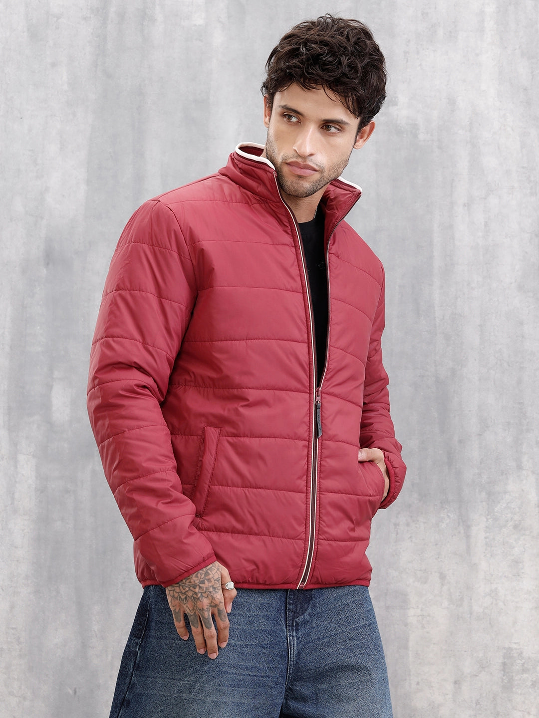 Quilted High Neck Regular Fit Jacket I Maroon