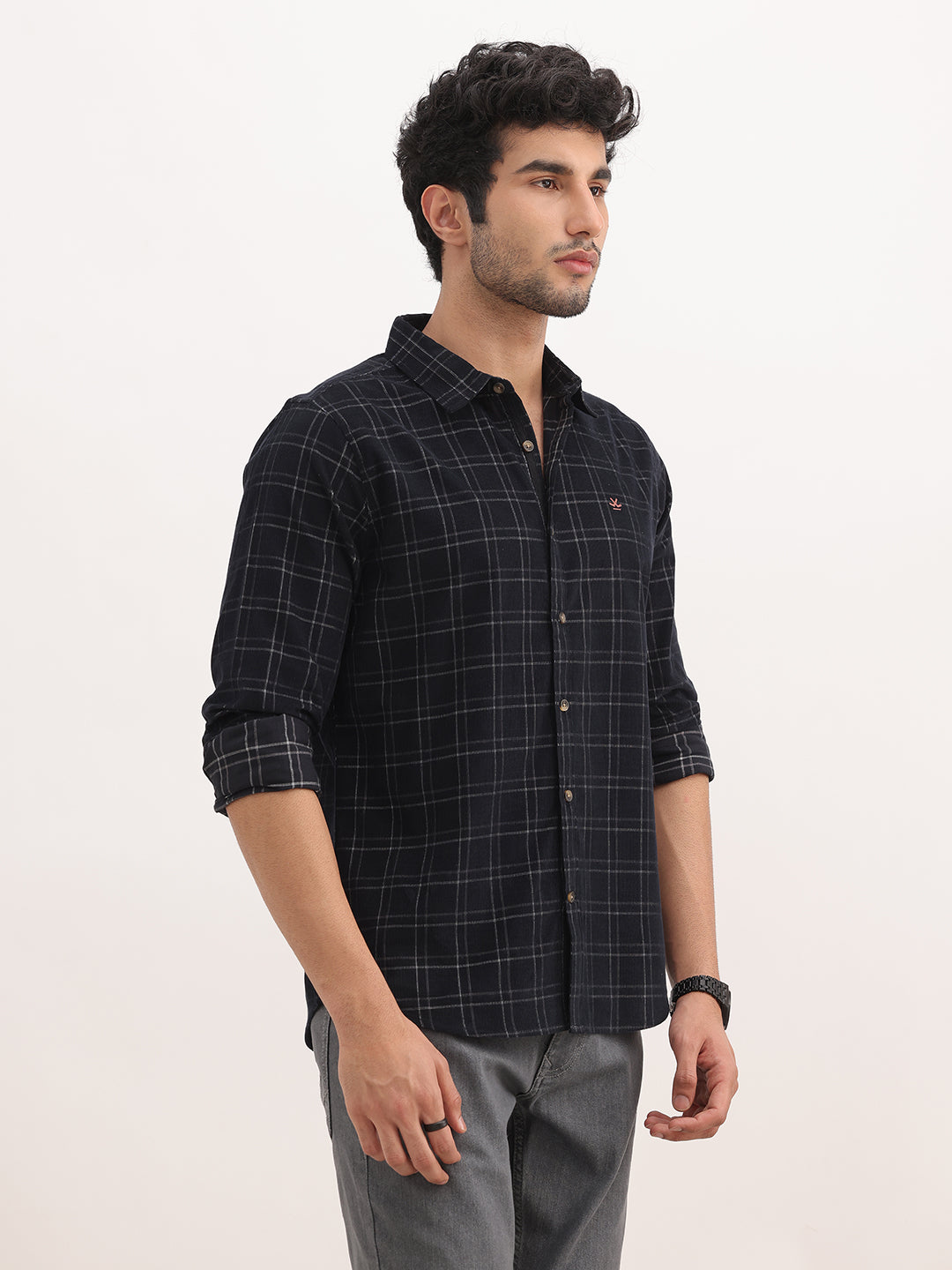 Slim Fit Checkered Corduroy Shirt | Black