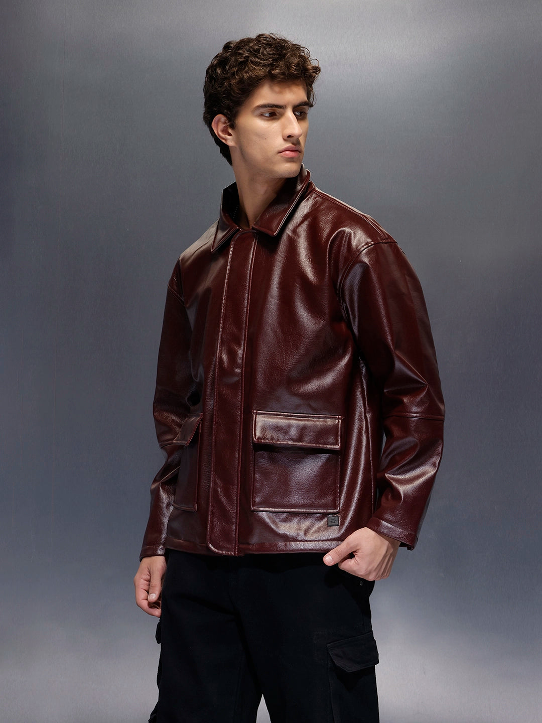 Men's Relaxed Fit Collared Fit PU Jacket  |  Wine