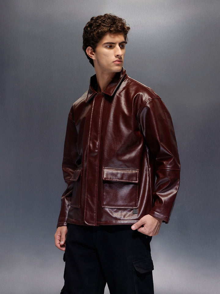 Men's Relaxed Fit Collared Fit PU Jacket  |  Wine