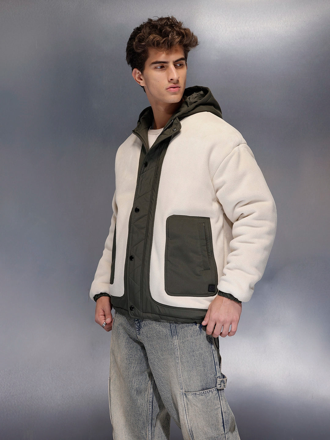Olive Block Sherpa-Panel Jacket | Beige