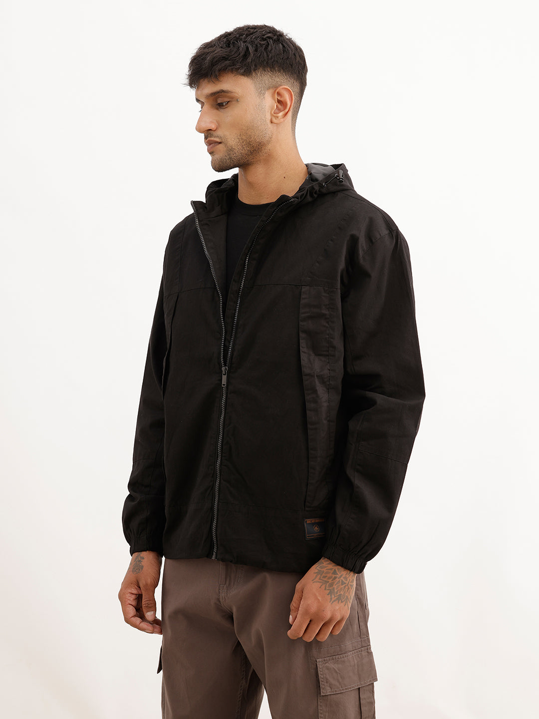 Solid Regular Fit Hooded Puffer Jacket | Black