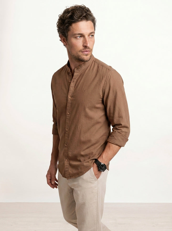 Solid Slim Fit Mandrin Collar Shirt | Brown