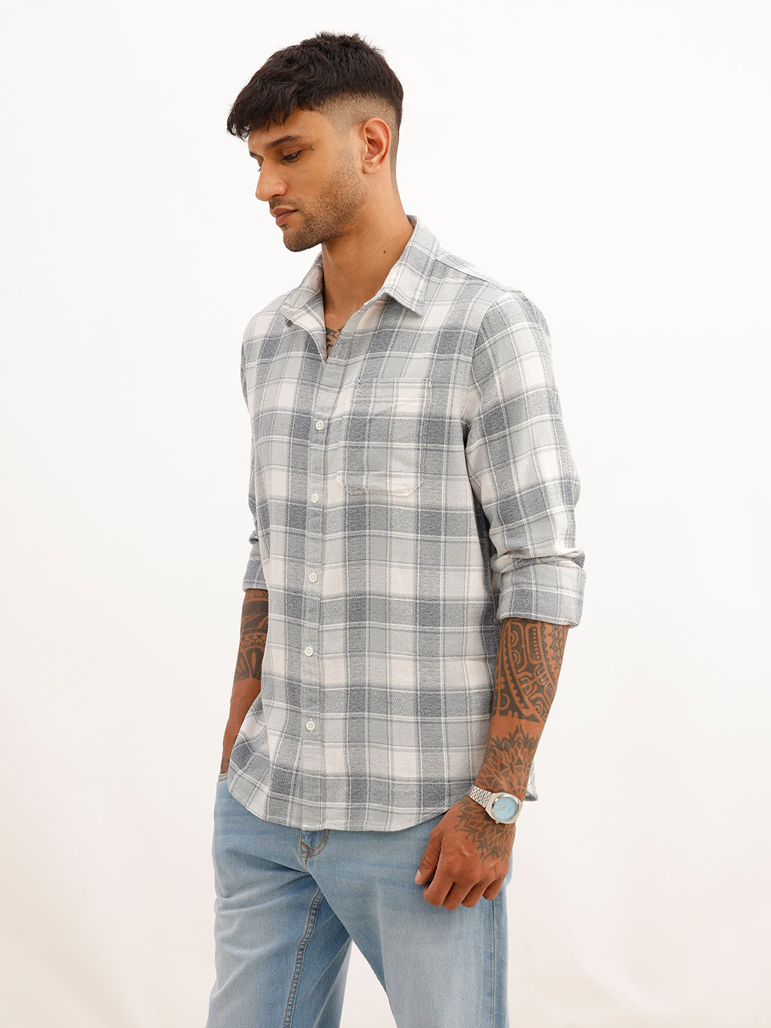 Slim Fit Checkered Full Sleeve Shirt | Blue