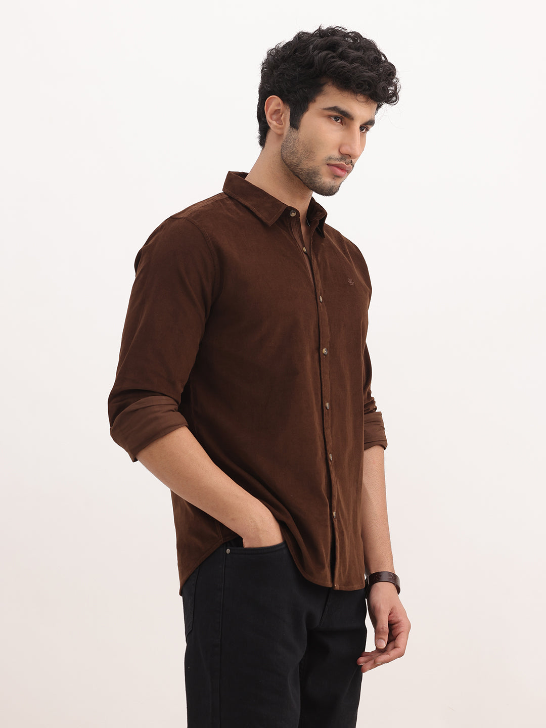 Slim Fit Solid Corduroy Shirt | Brown