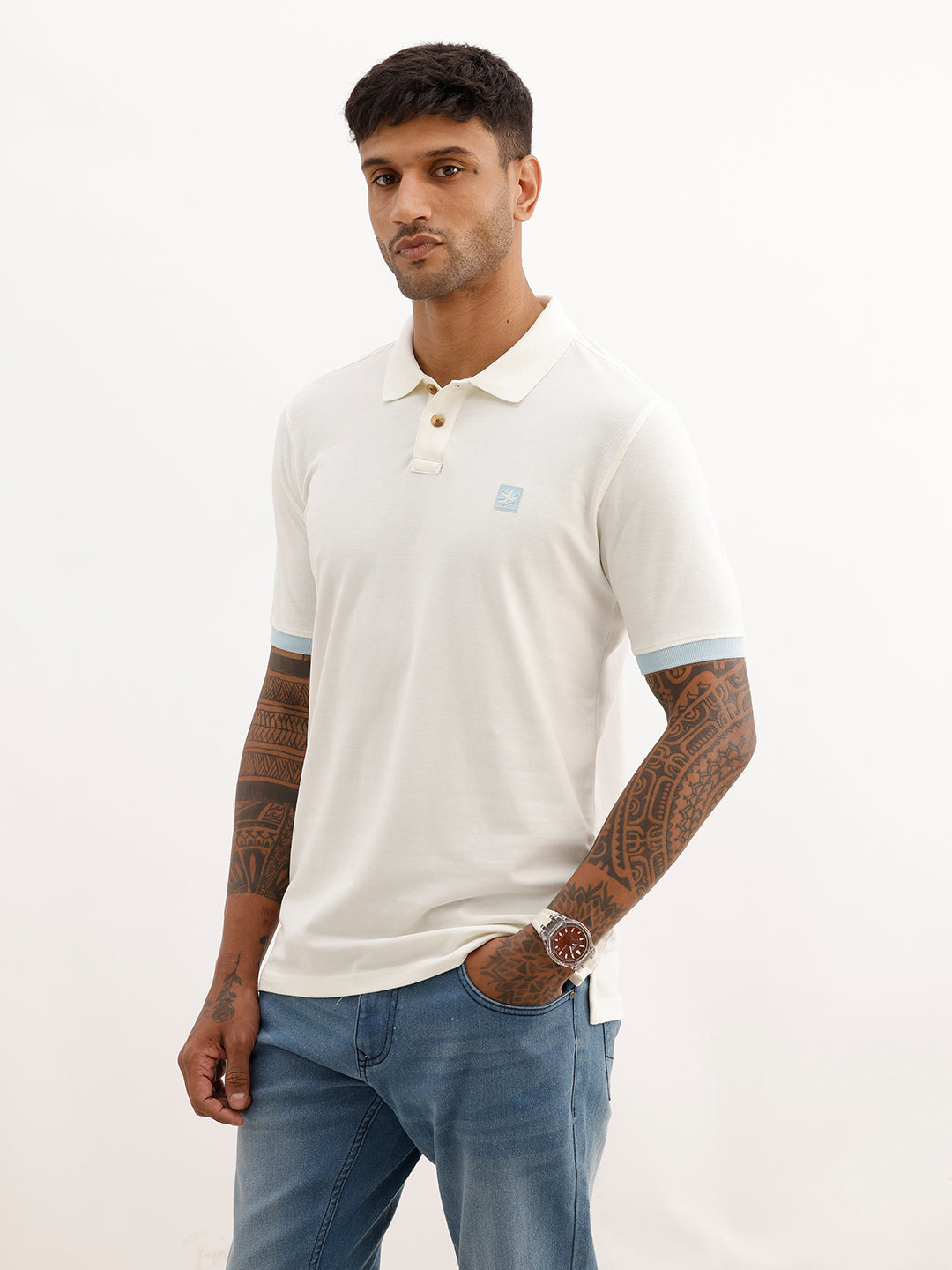 Classic Slim Fit Contrast Sleeve Polo T-Shirt | Off White