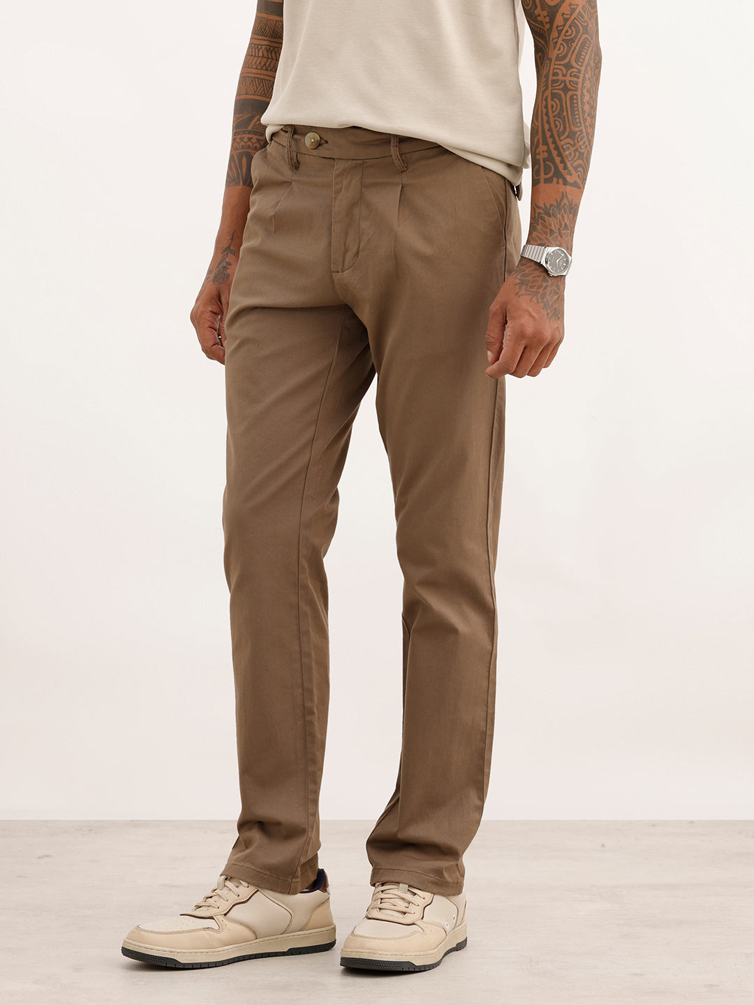 Solid Slim Fit Pleated Trouser | Olive