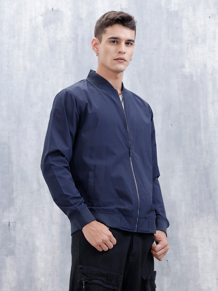 Men's Solid Casual Regular Fit Bomber Jacket | Navy Blue