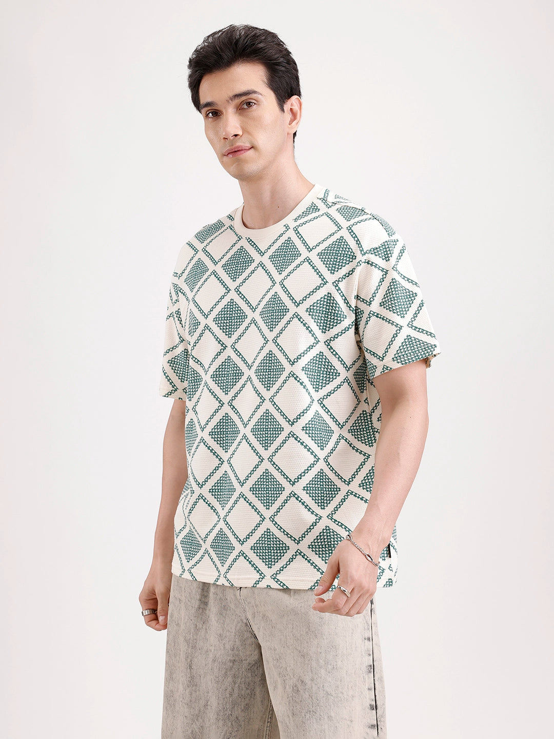 Oversized Popcorn Textured AOP T-Shirt | Olive