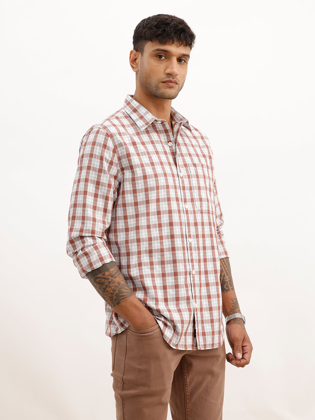 Classic Slim Fit Checkered Shirt | Rust