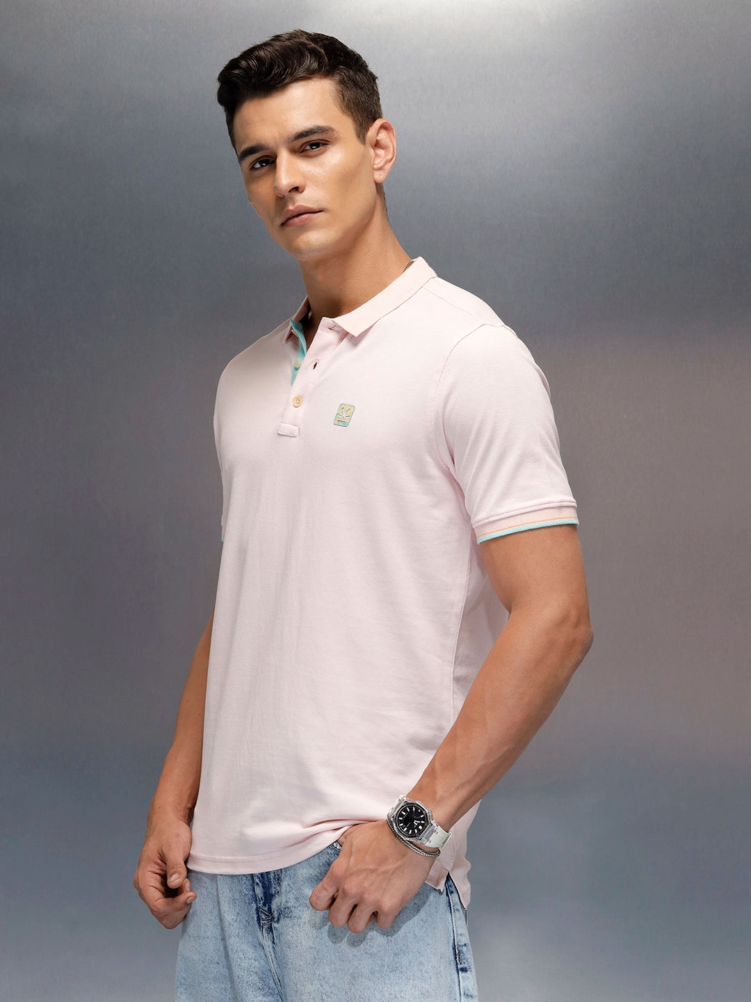 Men's casual slim fit polo t-shirt with contrast detail  | Pink