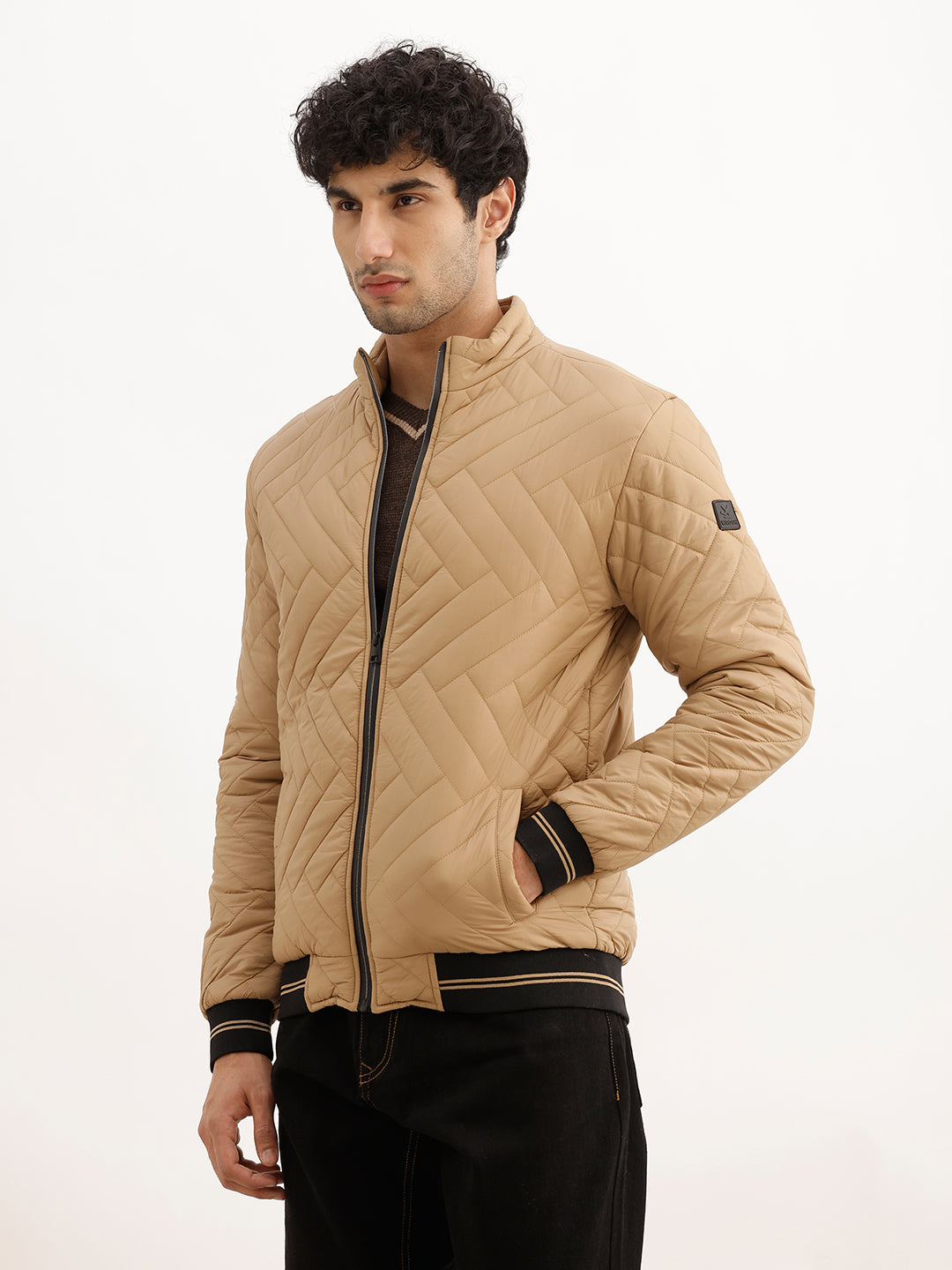 Solid Regular Fit Puffer Jacket | Beige