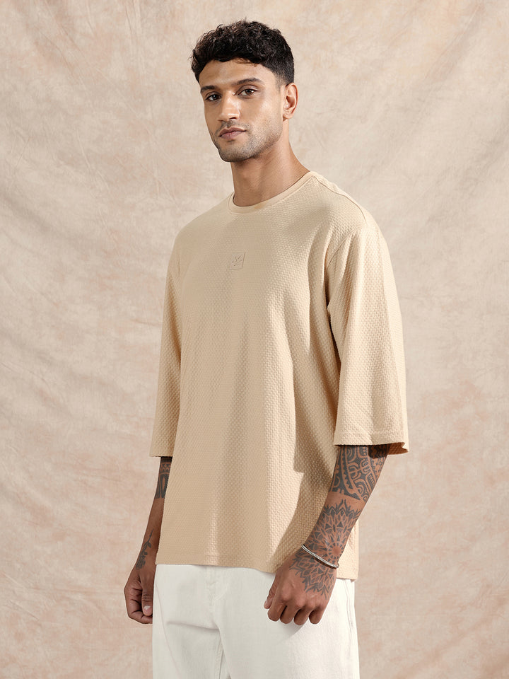 3/4th Sleeve Textured T-Shirt | Beige