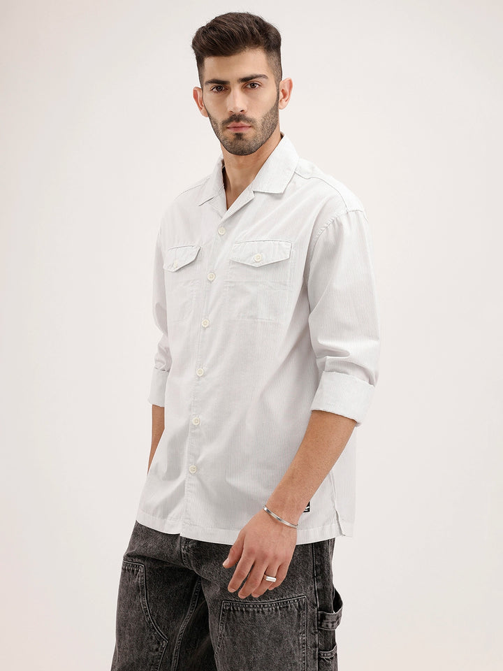 Oversized Striped Double Pocket Shirt | Off White