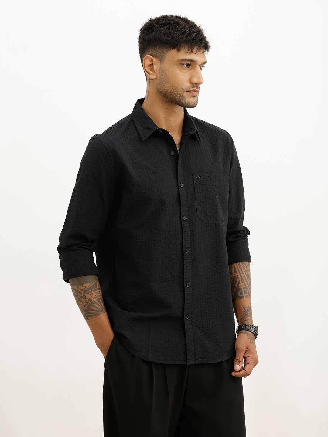Solid Slim Fit Textured Full Sleeve Shirt | Black