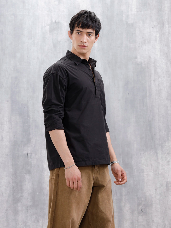 Men's Solid Causal Oversized Fit Shirt | Black