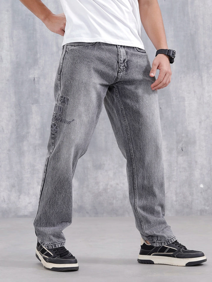 Men Casual Anti Fit Jeans With Embroidery  | Grey