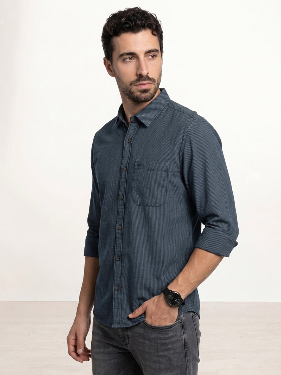 Solid Textured Oversized Fit Full Sleeve Shirt | Dark Blue