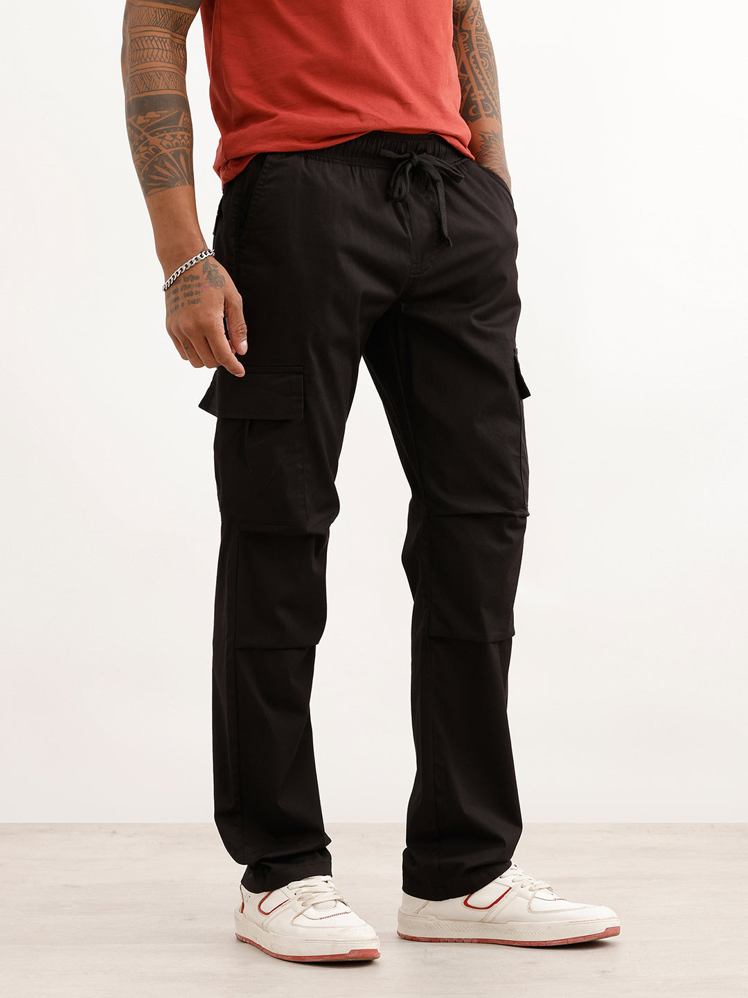 Solid Straight Fit Cargo Trousers | Black