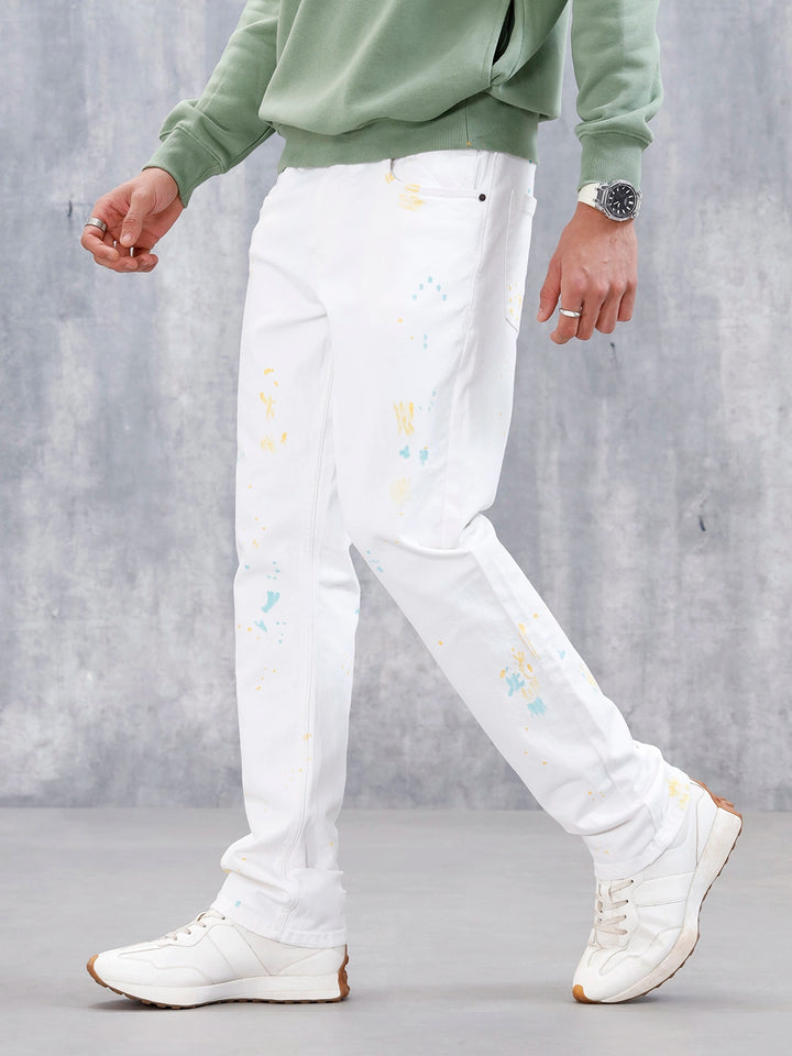 Men's Causal Straight Fit Splatter Effect Jeans | White