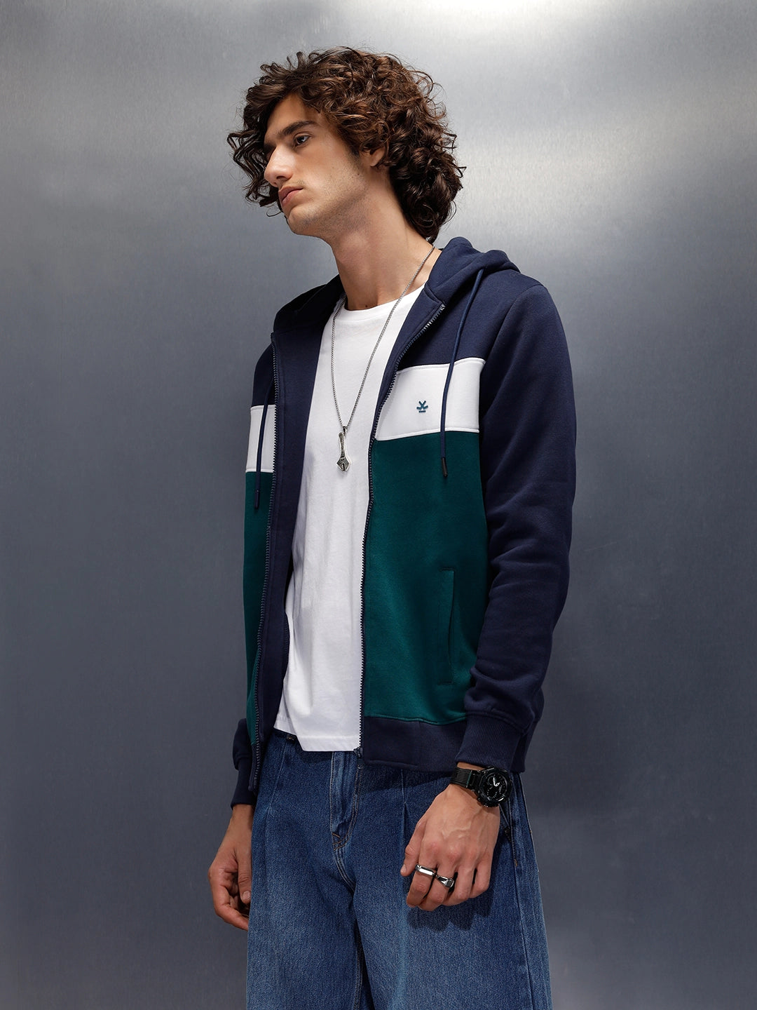 Tonal Colourblock Zipper Hoodie | Blue