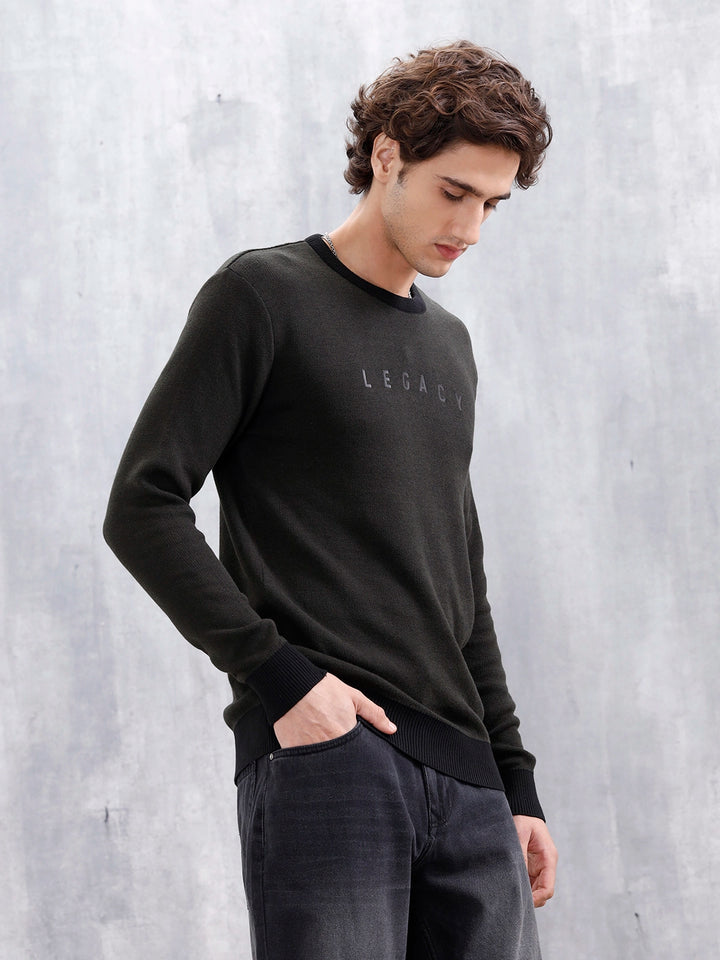 Men's Typo Printed Slim Fit Pullover | Olive