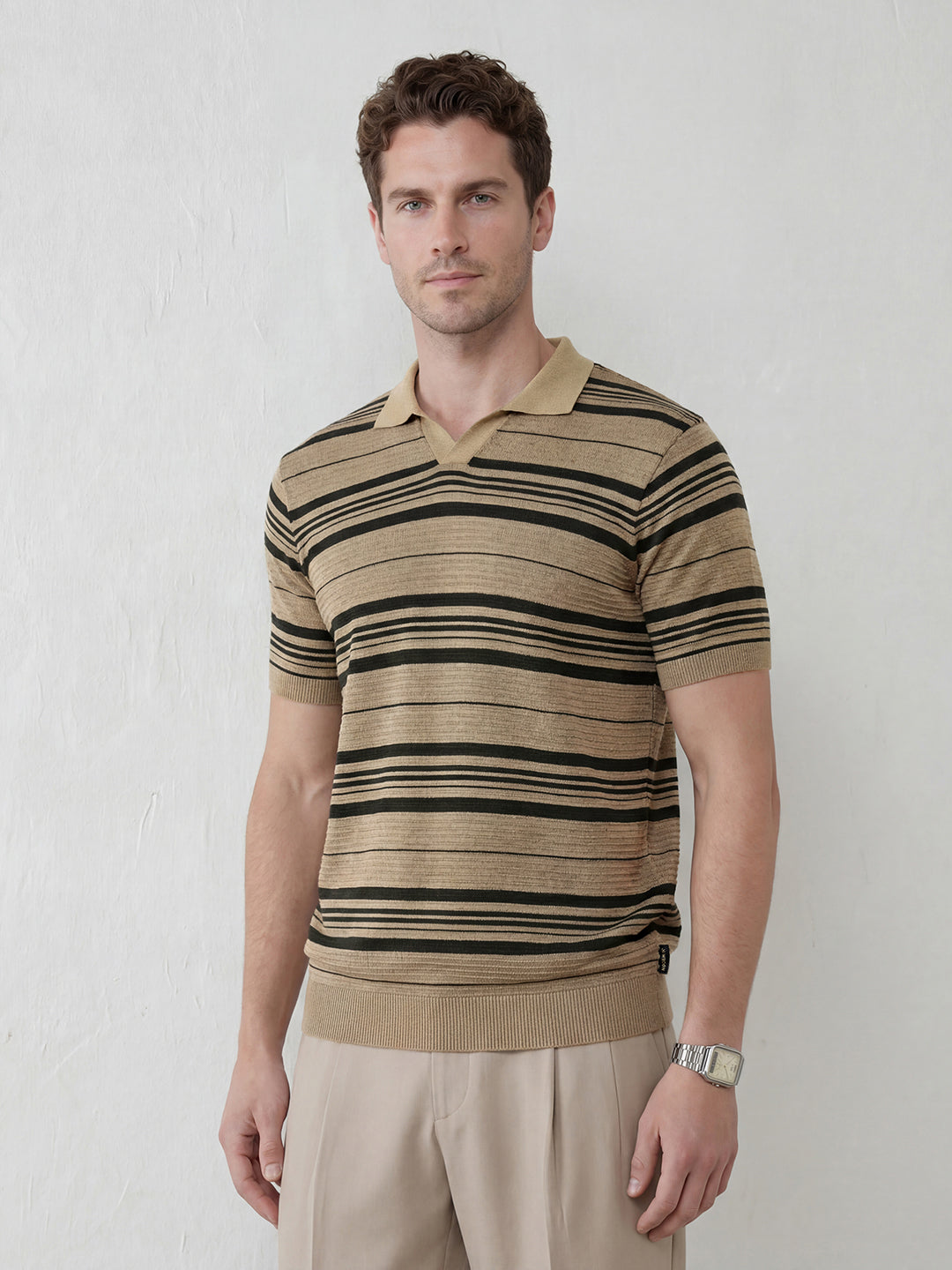 Striped Knitted Johnny Collar Polo Tee | Beige