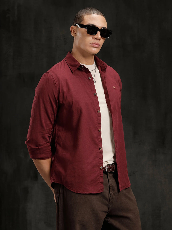 Solid Linen Blend Shirt | Wine